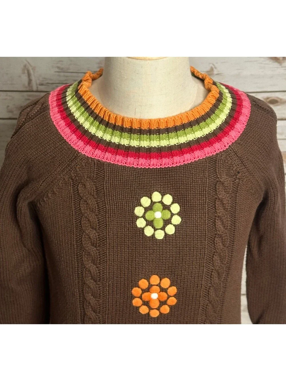 Gymboree Winter Cheer Dot Flower brown 100% cotton cable-knit sweater XS (3-4)